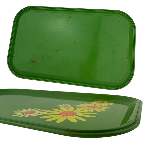 OneTif Han-D Trays Green Metal Serving Trays TV  Yellow Daisies 70’s MOD USA 14” - Picture 3 of 3